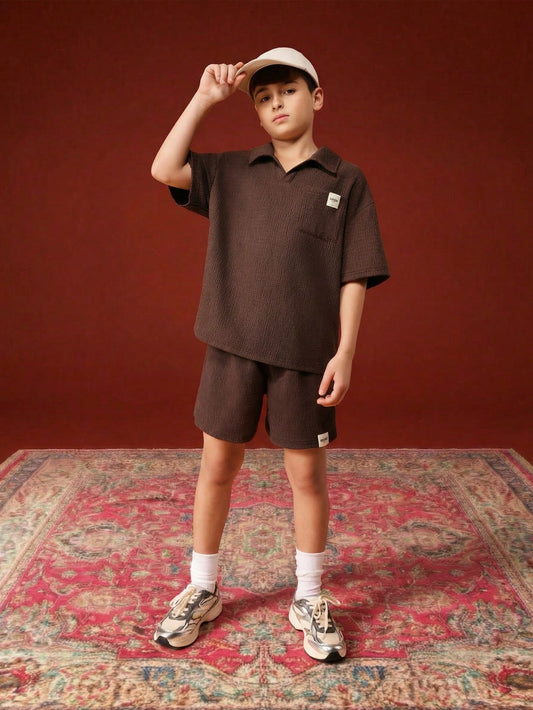 SUMWON Boys Textured Polo Shirt And Shorts Co-Ord Set