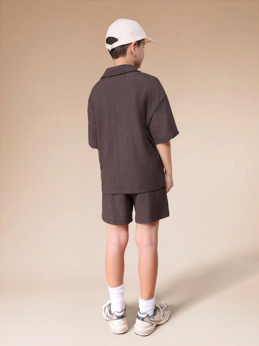 SUMWON Boys Textured Polo Shirt And Shorts Co-Ord Set