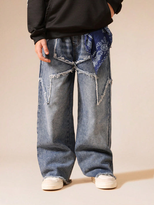 SUMWON Distressed Wide Leg Denim Jeans Vintage Style Frayed