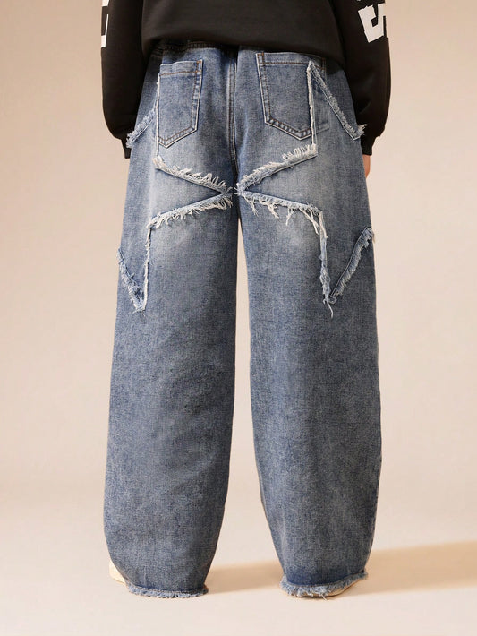 SUMWON Distressed Wide Leg Denim Jeans Vintage Style Frayed