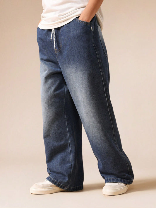 SUMWON Embroidered Logo Wide Leg Pull On Drawstring Denim Jeans