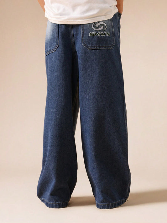 SUMWON Embroidered Logo Wide Leg Pull On Drawstring Denim Jeans