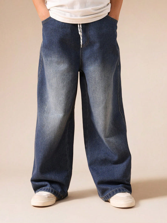 SUMWON Embroidered Logo Wide Leg Pull On Drawstring Denim Jeans