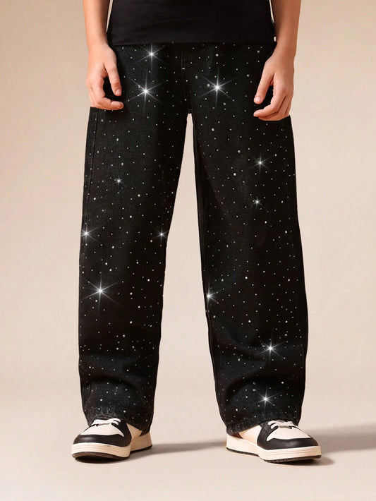 Mummy & Mee Galaxy Print Wide Leg Denim Jeans With Starry Pattern 12Y