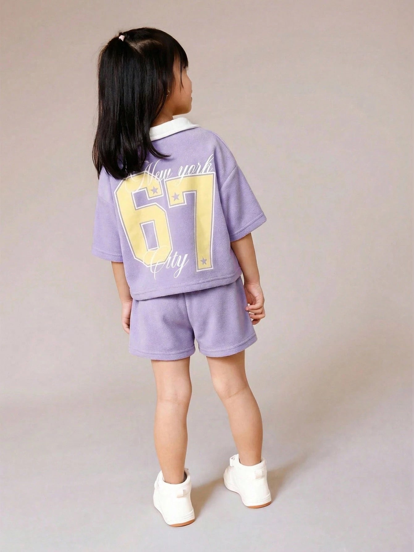 Lavender Polo Style Two Piece Coord Set With White Contrast Collar And Number Print