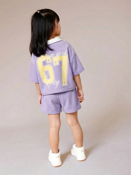 Lavender Polo Style Two Piece Coord Set With White Contrast Collar And Number Print