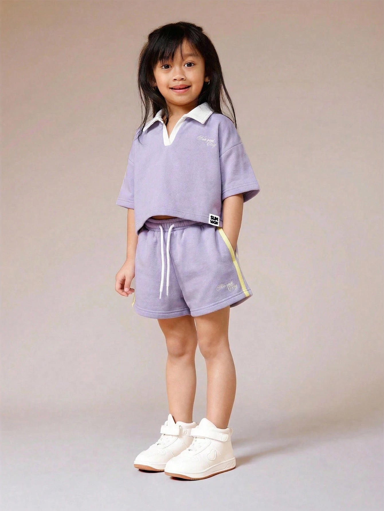 Lavender Polo Style Two Piece Coord Set With White Contrast Collar And Number Print