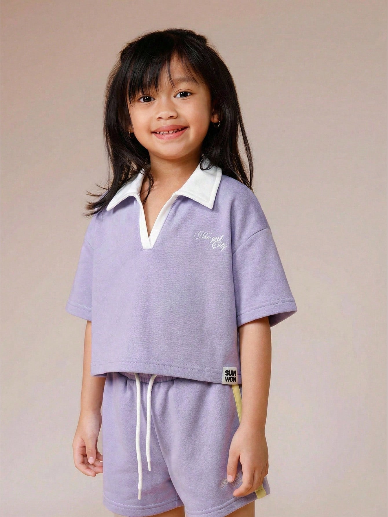 Lavender Polo Style Two Piece Coord Set With White Contrast Collar And Number Print