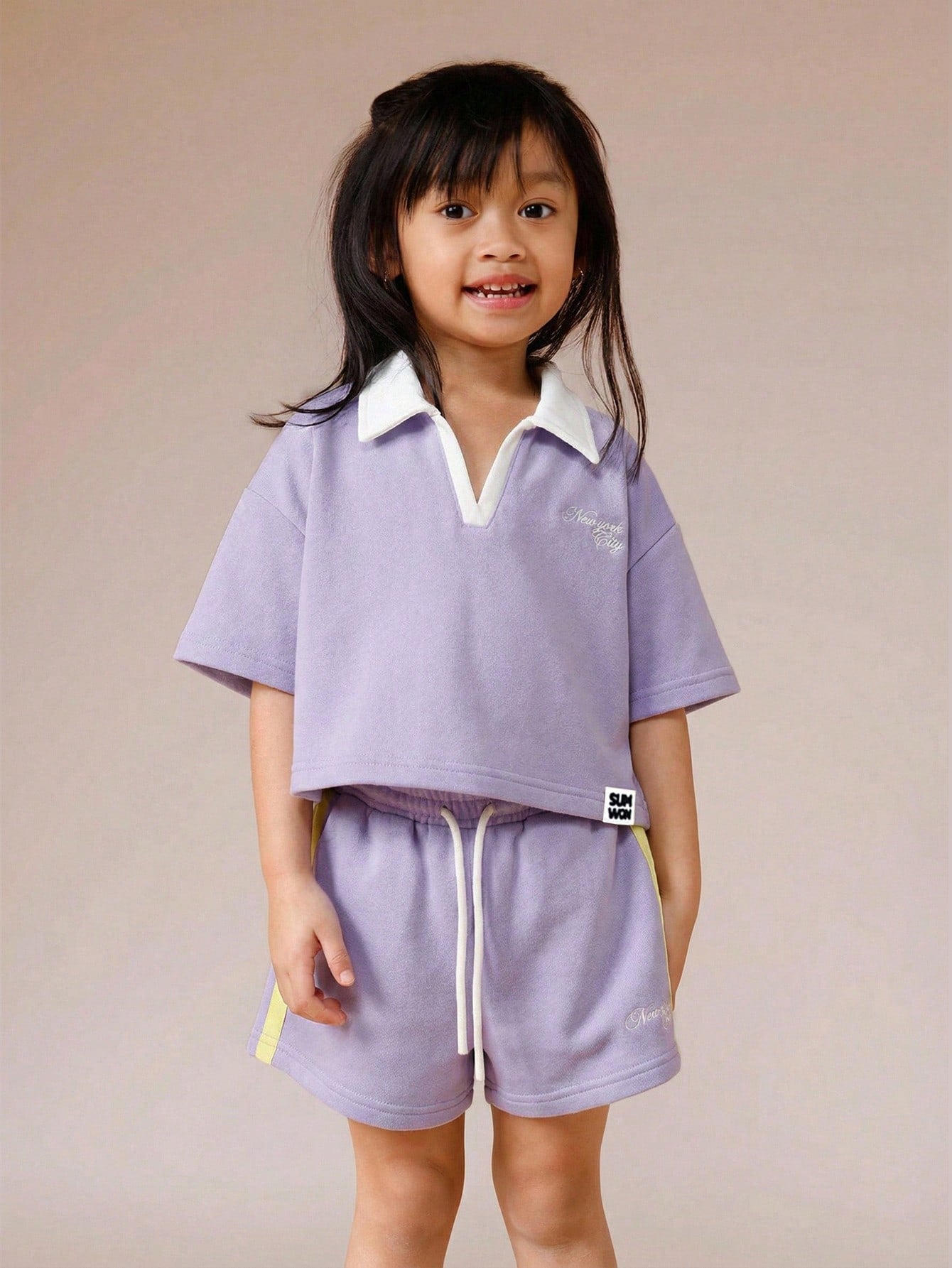 Lavender Polo Style Two Piece Coord Set With White Contrast Collar And Number Print