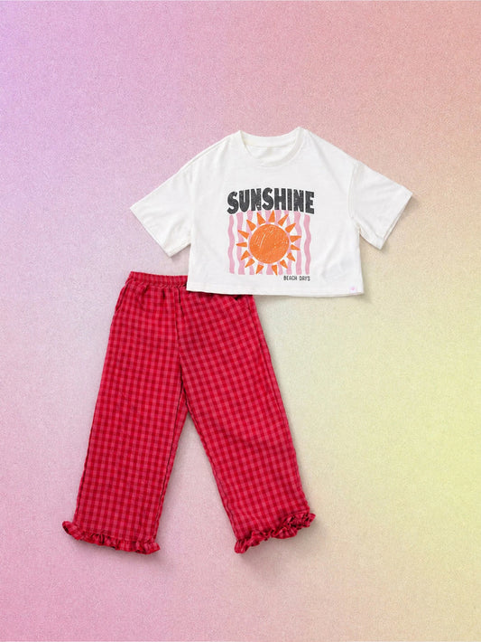 Sunshine Graphic Crop Tee And Gingham Check Ruffle Hem Casual Pants Co-Ord