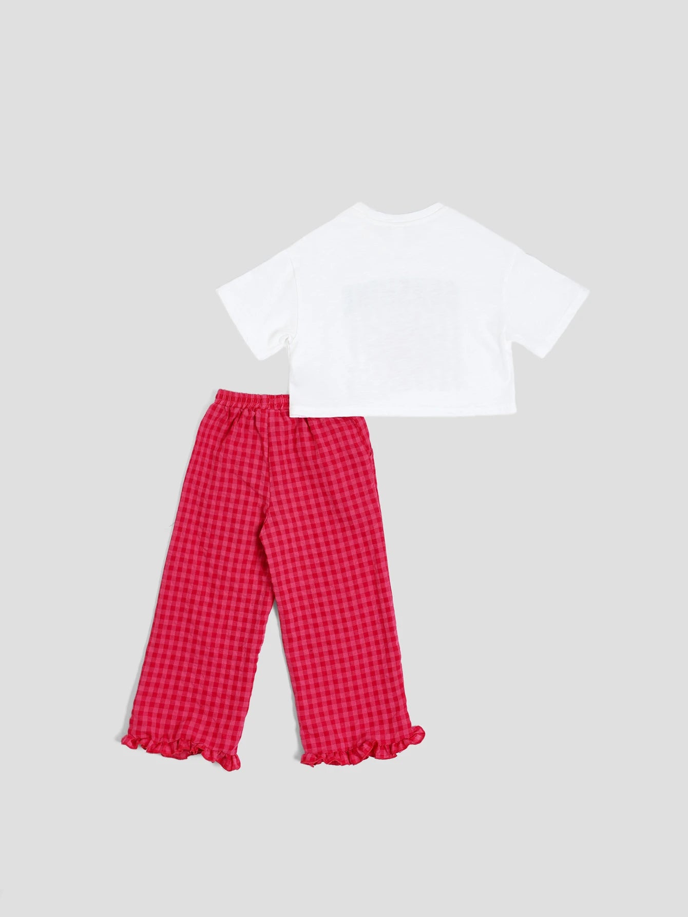 Sunshine Graphic Crop Tee And Gingham Check Ruffle Hem Casual Pants Co-Ord
