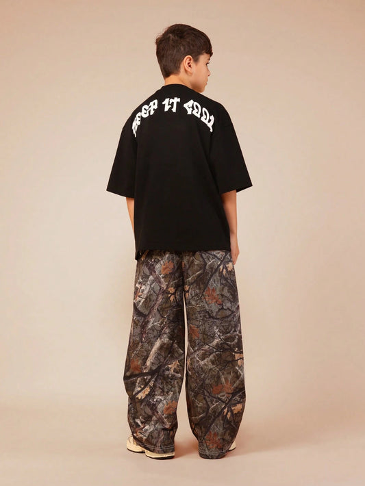 Oversized Graphic Print T-Shirt And Camo Cargo Pants Set With Side Stripes