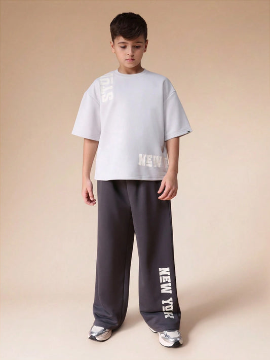 SUMWON Oversized Letter Print Crew Neck Short Sleeve T-Shirt And Elastic Waist Joggers