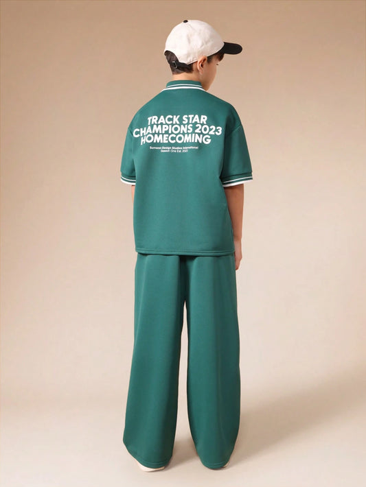 SUMWON Oversized Track Star Champions Homecoming Polo Shirt Wide Leg Pants