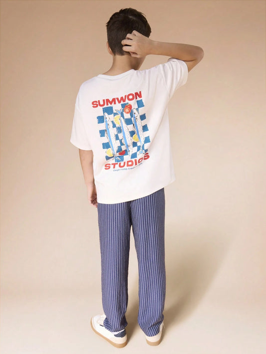 Studios Graphic Print Short Sleeve T-Shirt And Vertical Striped Casual Pants Two Piece Set