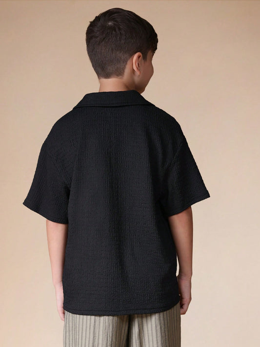 Textured Button Down Short Sleeve Collared Shirt