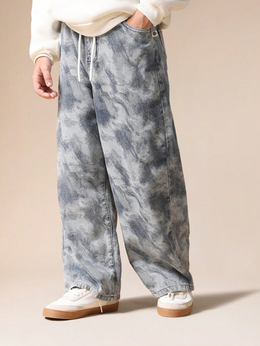 Tween Boys Wide Leg Tie Dye Denim Jeans With Drawstring Waist