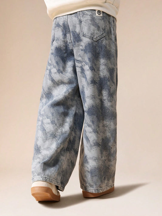 Tween Boys Wide Leg Tie Dye Denim Jeans With Drawstring Waist