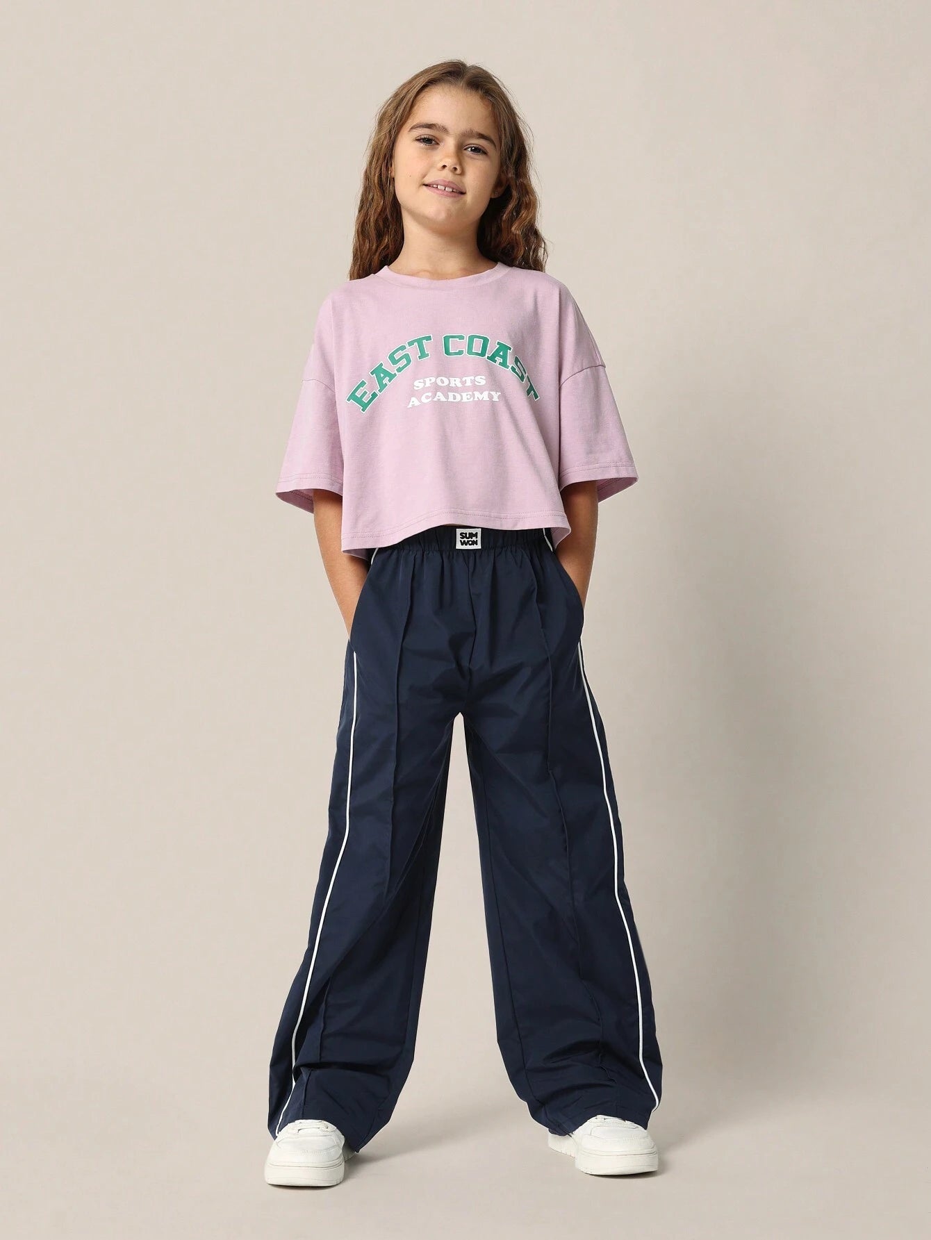 Tween Girls Crop Graphic Print Tee And Wide Leg Track Pant 11Y