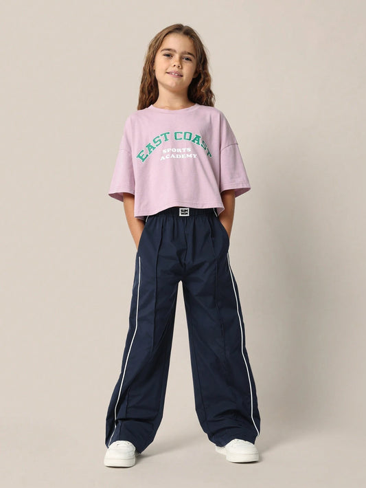 Tween Girls Crop Graphic Print Tee And Wide Leg Track Pant 11Y