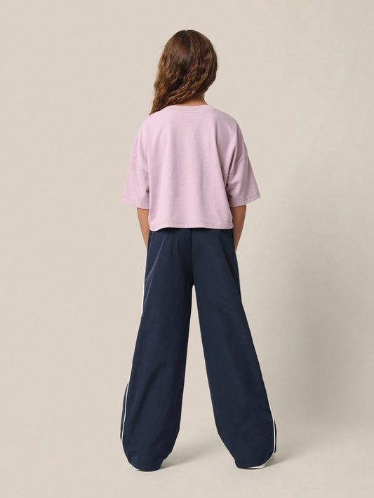 Tween Girls Crop Graphic Print Tee And Wide Leg Track Pant