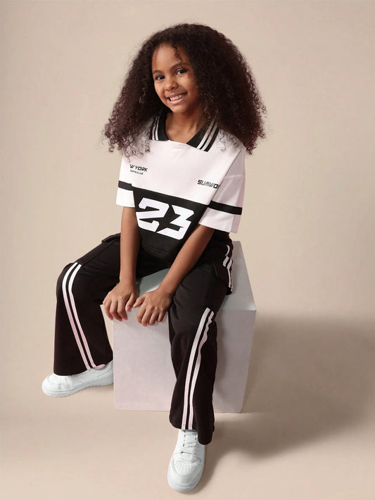 Oversized Block Print Co-Ord Set Sports Jersey Top Wide Leg Cargo Pants