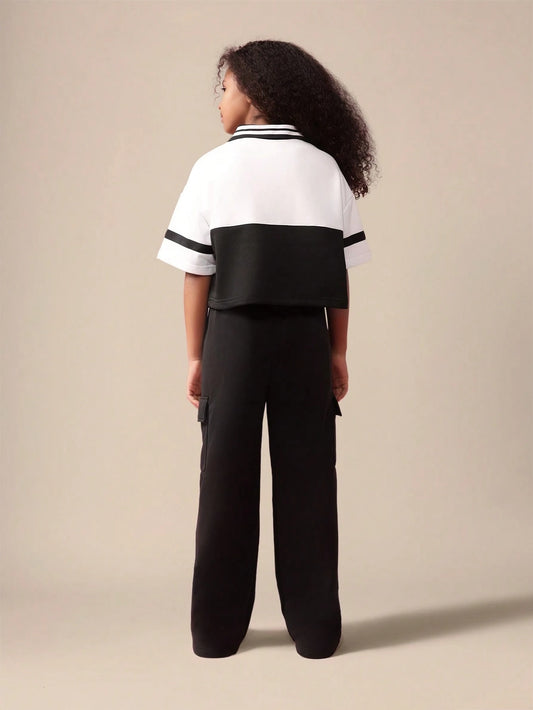 Oversized Block Print Co-Ord Set Sports Jersey Top Wide Leg Cargo Pants