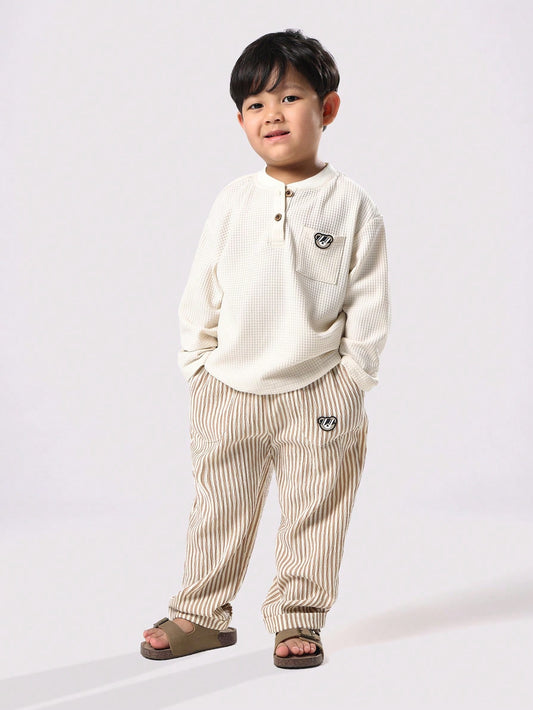 Waffle Knit Henley Long Sleeve Co-Ord Set With Button Detail Khaki