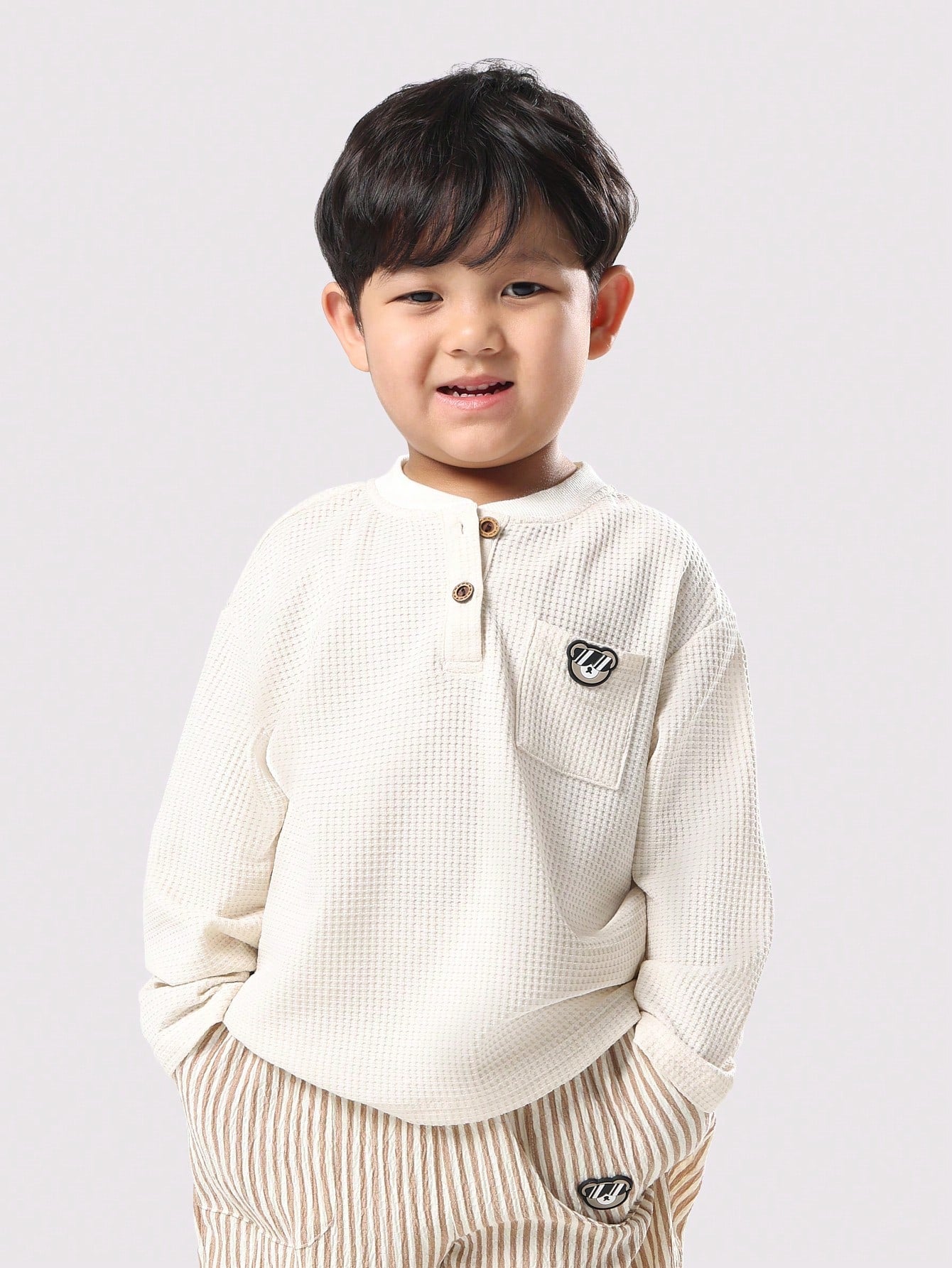 Waffle Knit Henley Long Sleeve Co-Ord Set With Button Detail