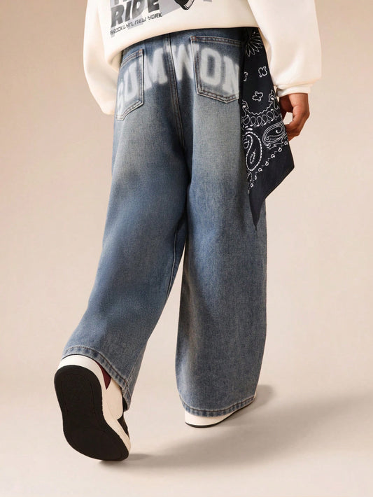 SUMWON Wide Leg Denim Jeans With Blurry Back Print And Bandana