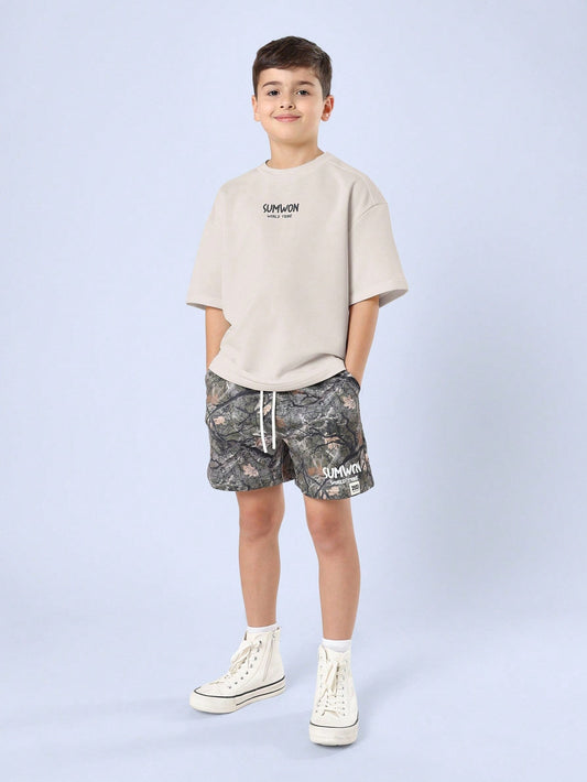 SUMWON World Tribe Tween Boys Cream Oversized T-Shirt And Camo Shorts