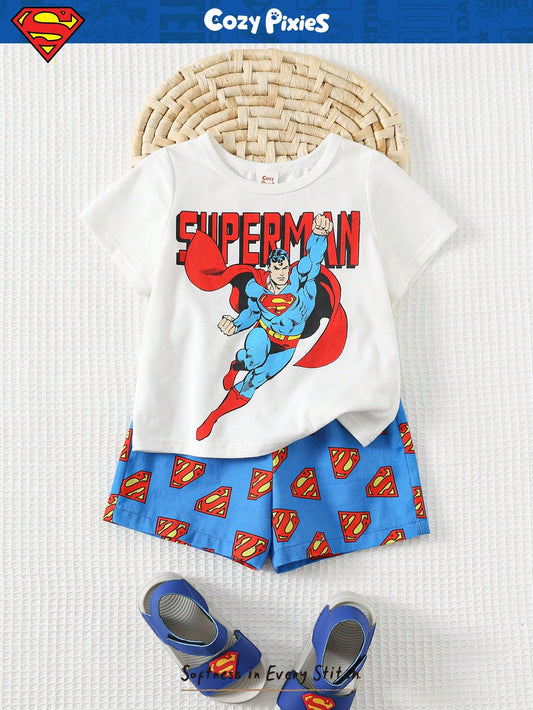 Baby Boy Cartoon Superhero Pattern Knit Soft Round Neck Short Sleeve Top And Elastic Waist Shorts Set