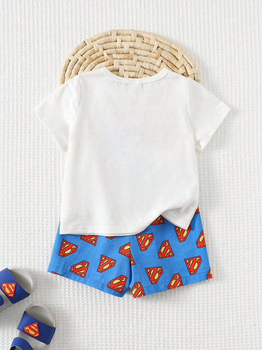 Baby Boy Cartoon Superhero Pattern Knit Soft Round Neck Short Sleeve Top And Elastic Waist Shorts Set
