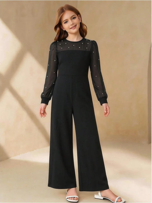 Girls' Elegant Black Romper,Spring And Summer Graduation Mesh Patchwork