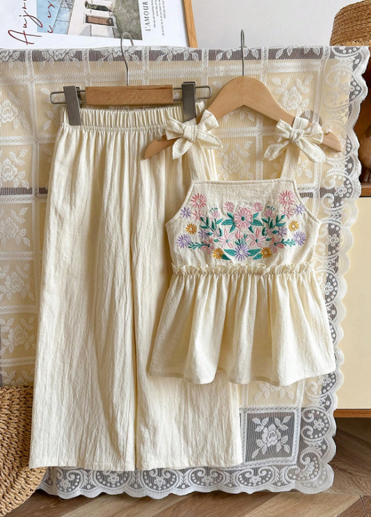 Mummy & Mee, Genkimix Kids Girls Casual Countryside Style Embroidered Camisole Top With Bow Decor And Loose Straight Leg Pants Set