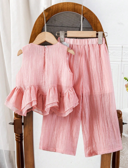 Mummy & Mee, 2pcs/Set Young Girl' Cute Sweet Jacquard Floral Ruffle Trim Round Neck Camisole Top And Wide Leg Pants