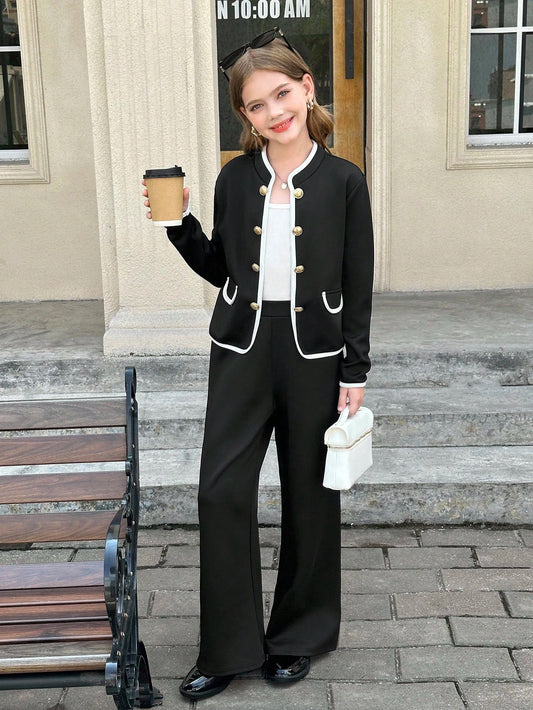 Tween Girls 2pcs Casual Contrast Trim Black Jacket And Pants Set Black