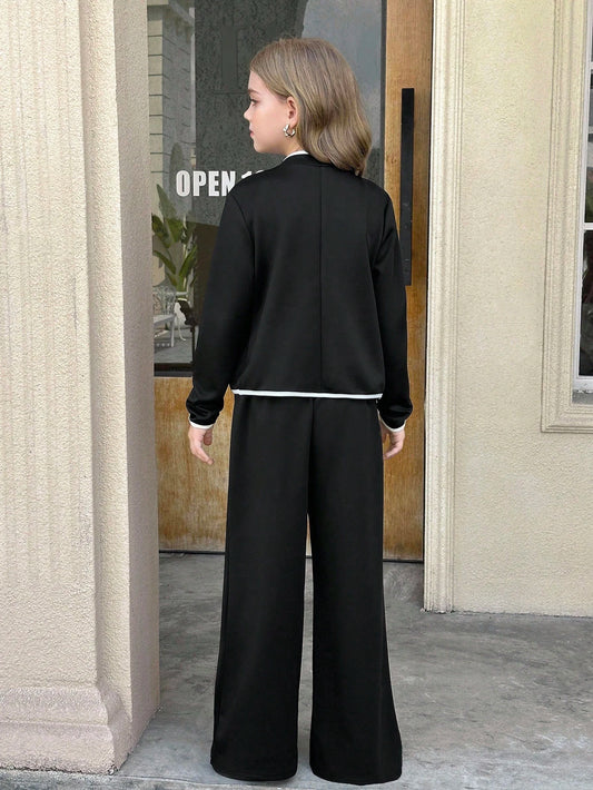 Tween Girls 2pcs Casual Contrast Trim Black Jacket And Pants Set