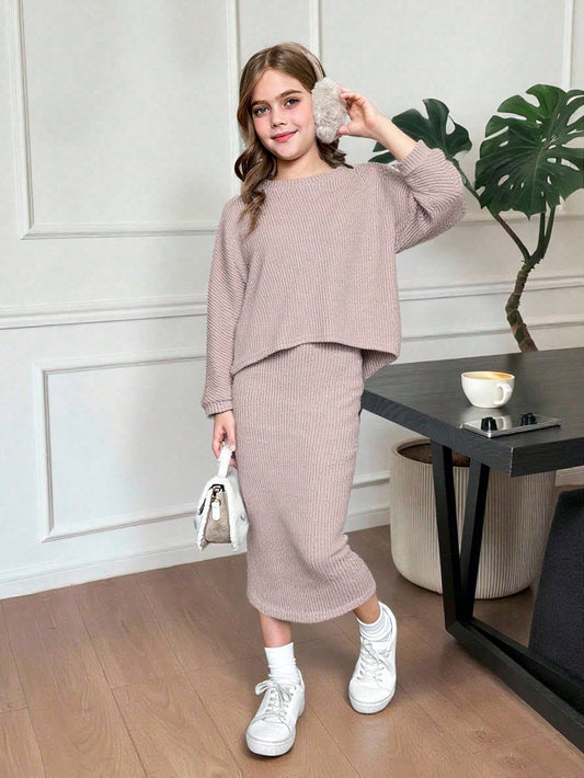 Tween Girls Bat Wing Ribbed Knit Crew Neck T-Shirt And Midi Pencil Skirt Dusty Pink
