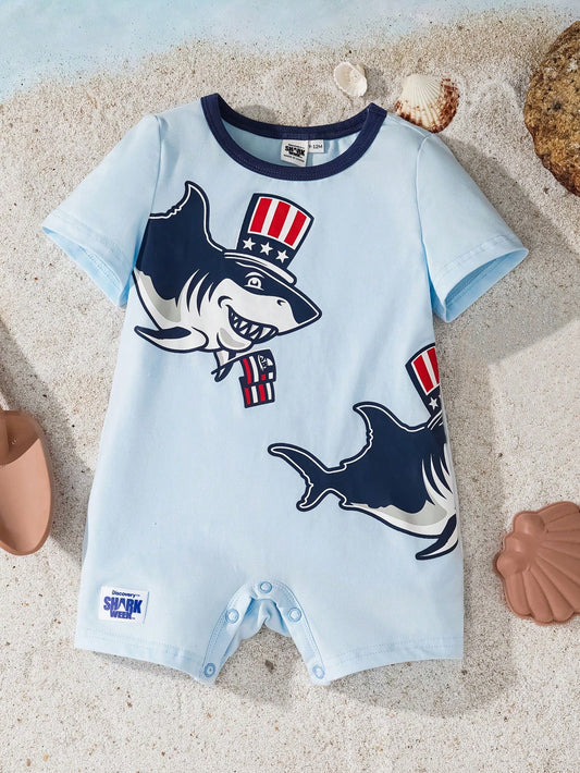 Baby Boy Cartoon Shark Print Light Blue Cute Short Sleeve Romper