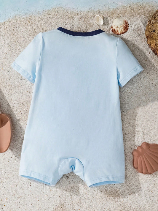 Baby Boy Cartoon Shark Print Light Blue Cute Short Sleeve Romper