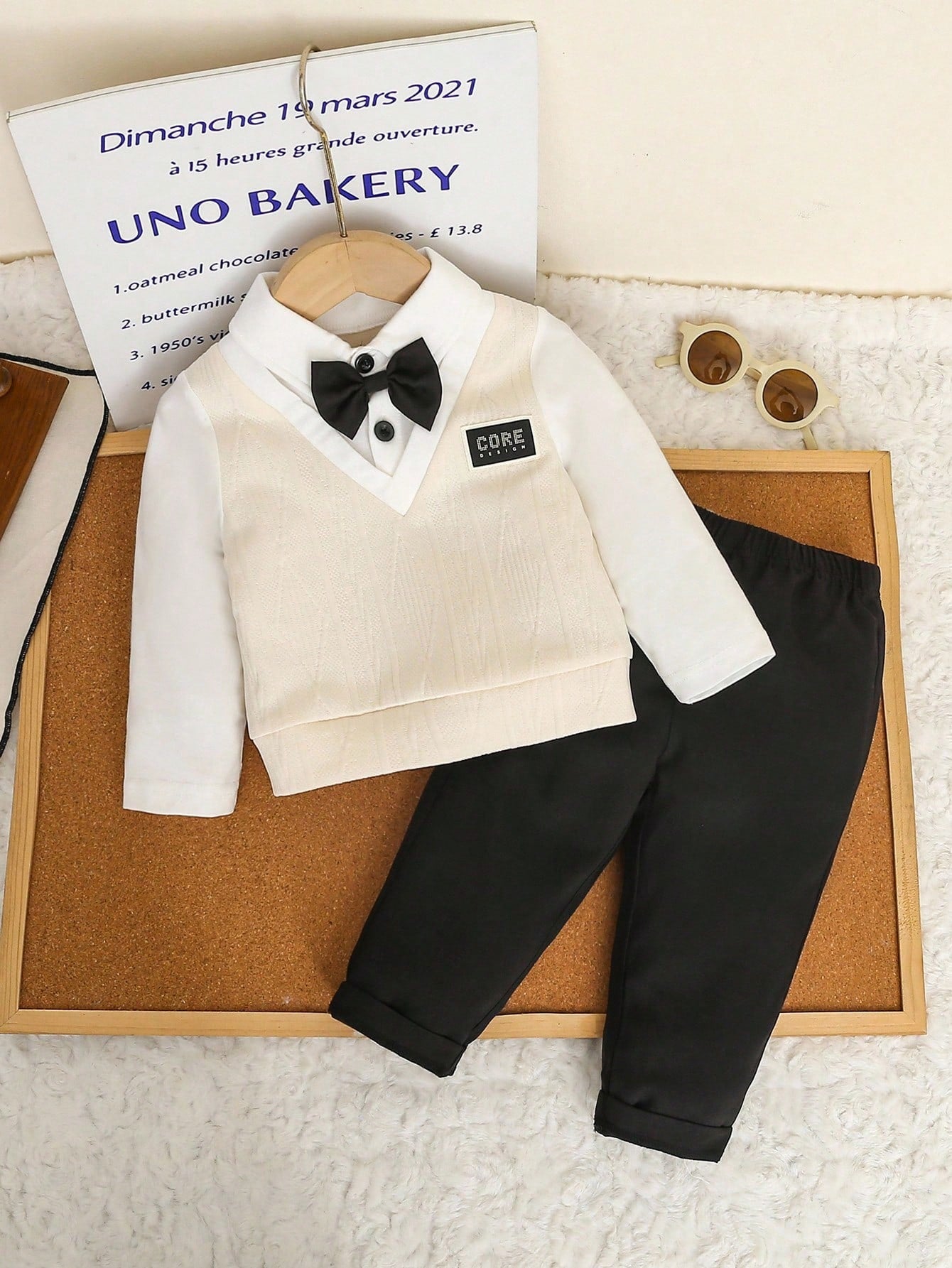 Baby Boy Cute Preppy Gentleman Style 2 In 1 Colorblock Knit Long Sleeve Polo Shirt With Bowknot + Casual Solid Color Elastic Waist Pants