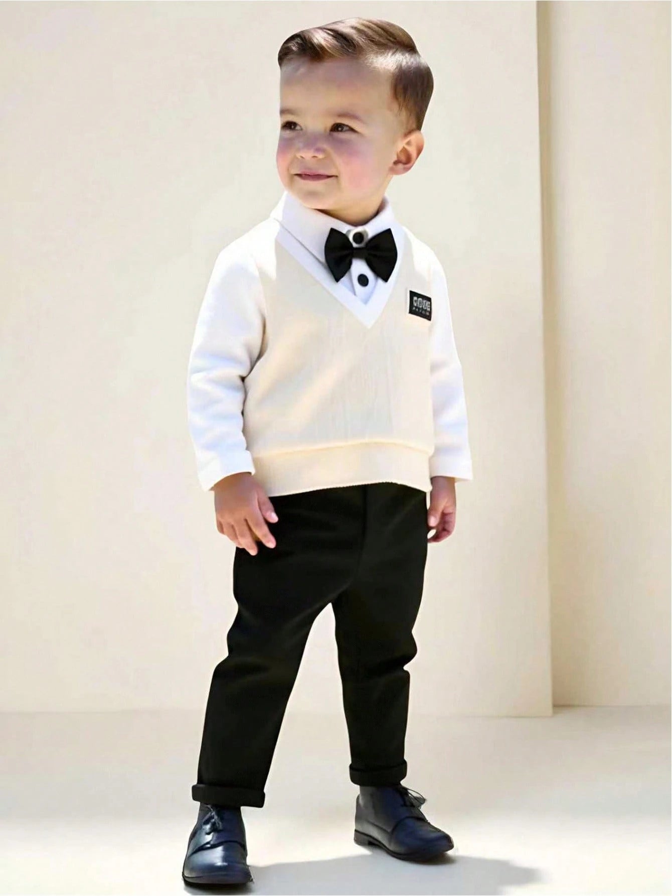 Baby Boy Cute Preppy Gentleman Style 2 In 1 Colorblock Knit Long Sleeve Polo Shirt With Bowknot + Casual Solid Color Elastic Waist Pants Black