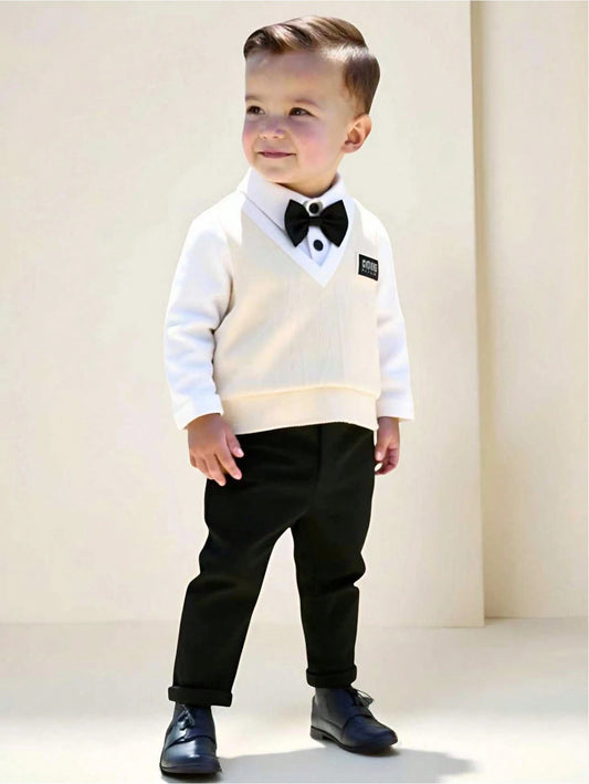Baby Boy Cute Preppy Gentleman Style 2 In 1 Colorblock Knit Long Sleeve Polo Shirt With Bowknot + Casual Solid Color Elastic Waist Pants Black