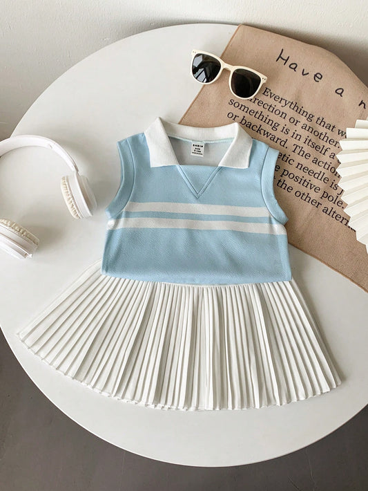 Baby Girl Sleeveless Polo Knit Top And Pleated Skirt Set