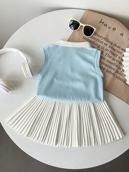 Baby Girl Sleeveless Polo Knit Top And Pleated Skirt Set