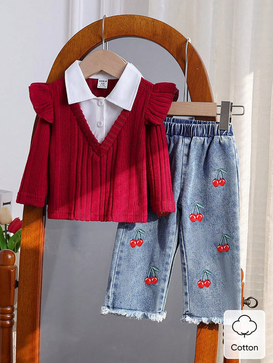 Baby Girls Faux 2 Pieces Outfit Red