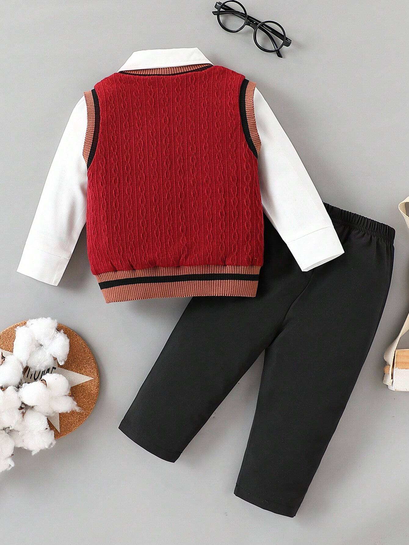 Baby Boy Preppy Style Embroidered Sweater Vest With Long Sleeve Shirt And Brown Suit Pants