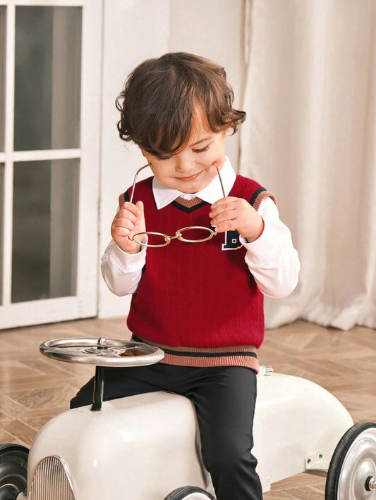 Baby Boy Preppy Style Embroidered Sweater Vest With Long Sleeve Shirt And Brown Suit Pants Red