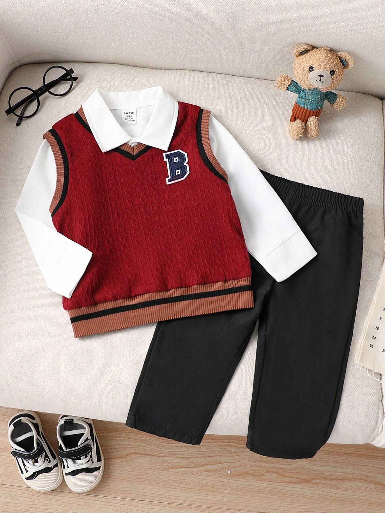 Baby Boy Preppy Style Embroidered Sweater Vest With Long Sleeve Shirt And Brown Suit Pants